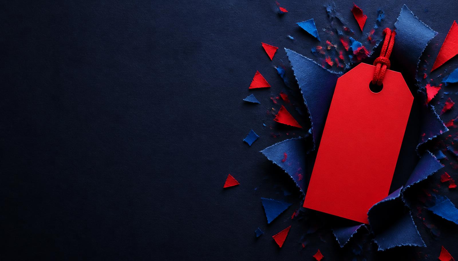 A red price tag bursting through a dark navy background